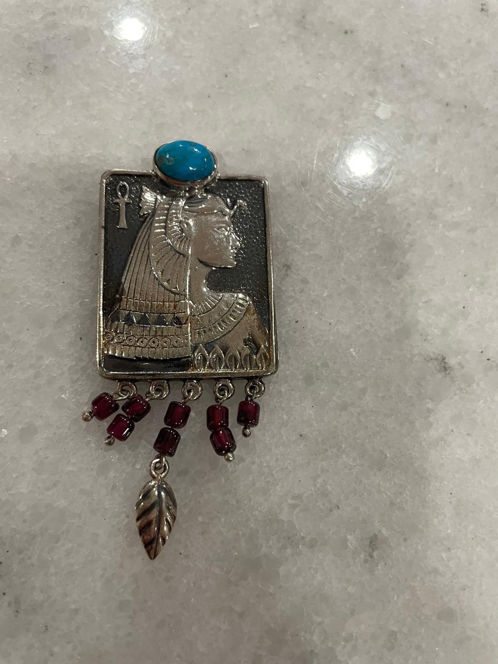 Egyptian Revival Silver Pendant with Turquoise and Garnet Beads